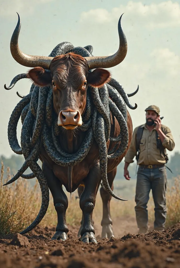 "A muscular cow is standing in a muddy field. Its body is wrapped with massive black and brown snakes, their bodies glistening and terrifying, with some raising their hoods. The cow is bellowing loudly. Its large curved horns and angry eyes look fierce. Be...