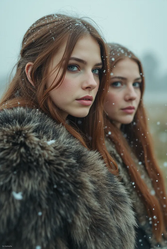 2 Viking warrior girls looking into distance,1 brunette and 1 red hair,fur coat,snowing,medieval armour,Walking through field of flowers,heavy snow,Natalie dormer, Ethereal,Portrait,Closeup, portrait,girl posing,Closeup candid photo,Hailee steinfeld  and M...