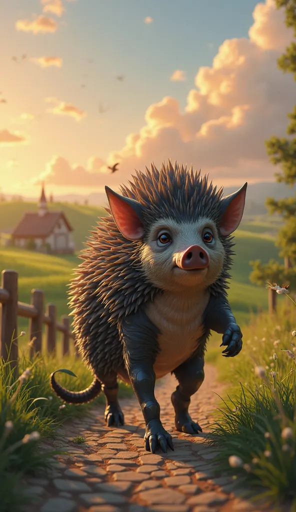 A unique and sturdy fusion of hedgehog and pig, the Ironquill Guardian is a resilient and protective creature with a calm yet powerful presence. Its strong, rounded pig-like body is covered in a dense layer of short but sharp quills, forming a natural armo...