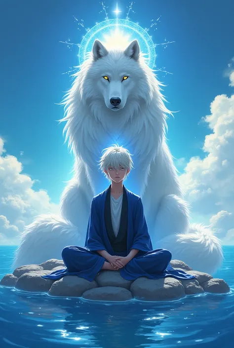 Buddha陀、Buddha、god々like、blue、空sea、cloud、Enlightenment、Sparkle、Release 、Amida-sama、illustrations、anime、 blue and black clothes、 character for V2、 boy、sea、Monk、sit、in front、The wolf behind、