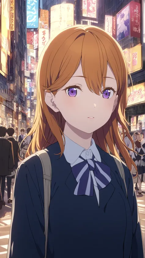 Shibuya Kanon、orange hair、 purple eyes、 school uniform