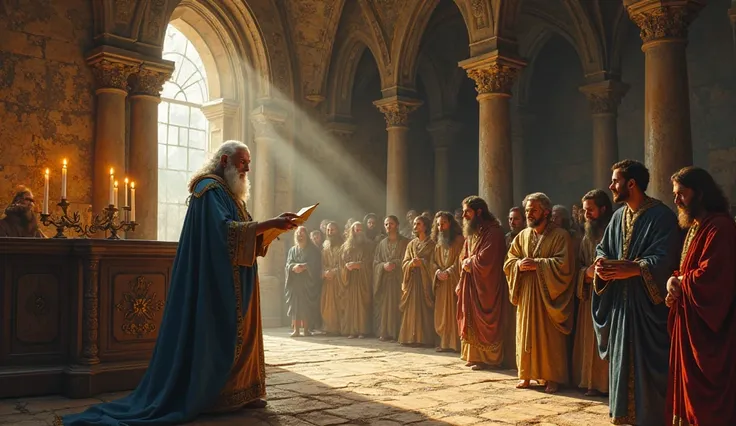 "A dimly lit ancient study hall where an elderly wise man with a long white beard, wearing a blue and gold robe, is passionately teaching a group of disciples gathered around a massive open scroll. The disciples, dressed in traditional robes, listen intent...