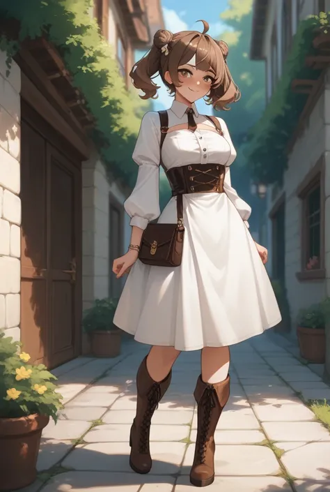  Vtuber with two-tailed hairstyle and brown hair with blushed white leather and with brown eyes and wearing boots for girls about 26 years old