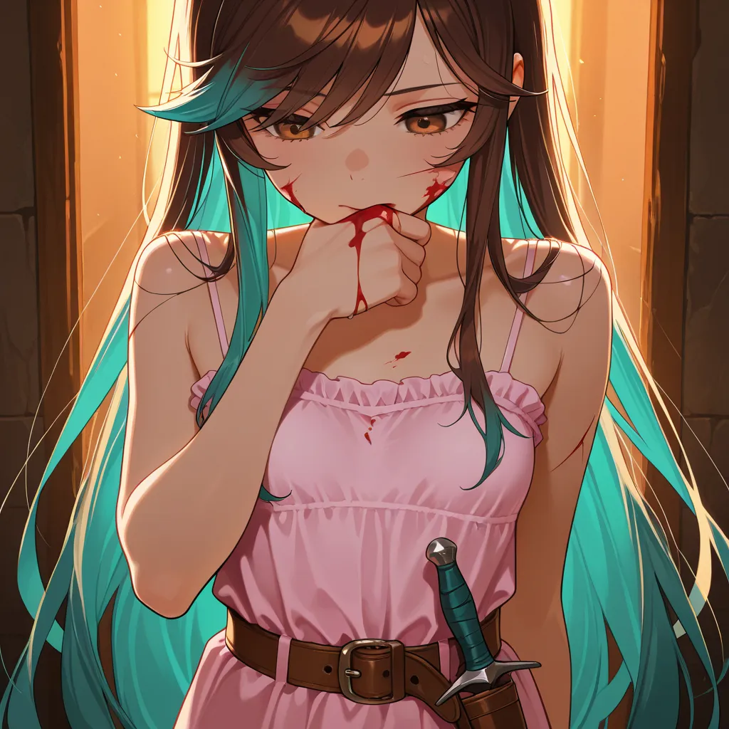 masterpiece, best quality, amazing quality, very aesthetic, newest, solo, 1girl, close up, upper body, multicolored hair, brown hair, teal hair, very long hair, swept bangs, brown eyes, blood on face, blood on clothes, wiping mouth with back of hand, thin,...