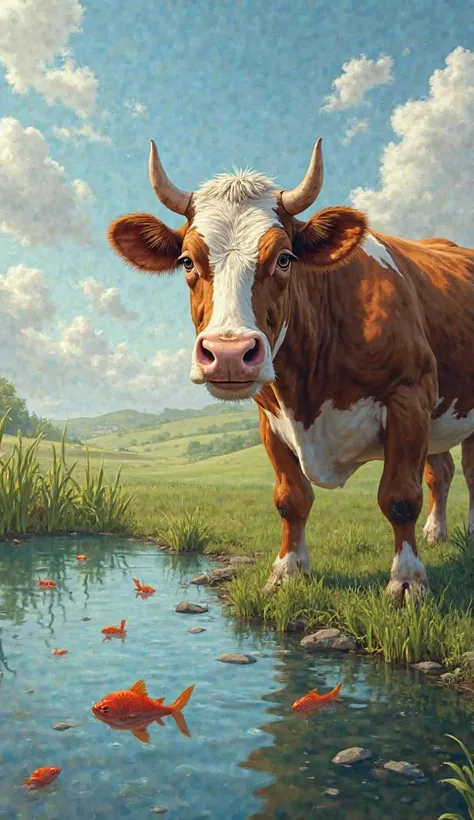 dynamic and realistic image of The cow, now smiling and satisfied, stands proudly beside of the pond. The water is peaceful, the fish are swimming safely, and the sky is bright and clear. The cow looks like a hero.