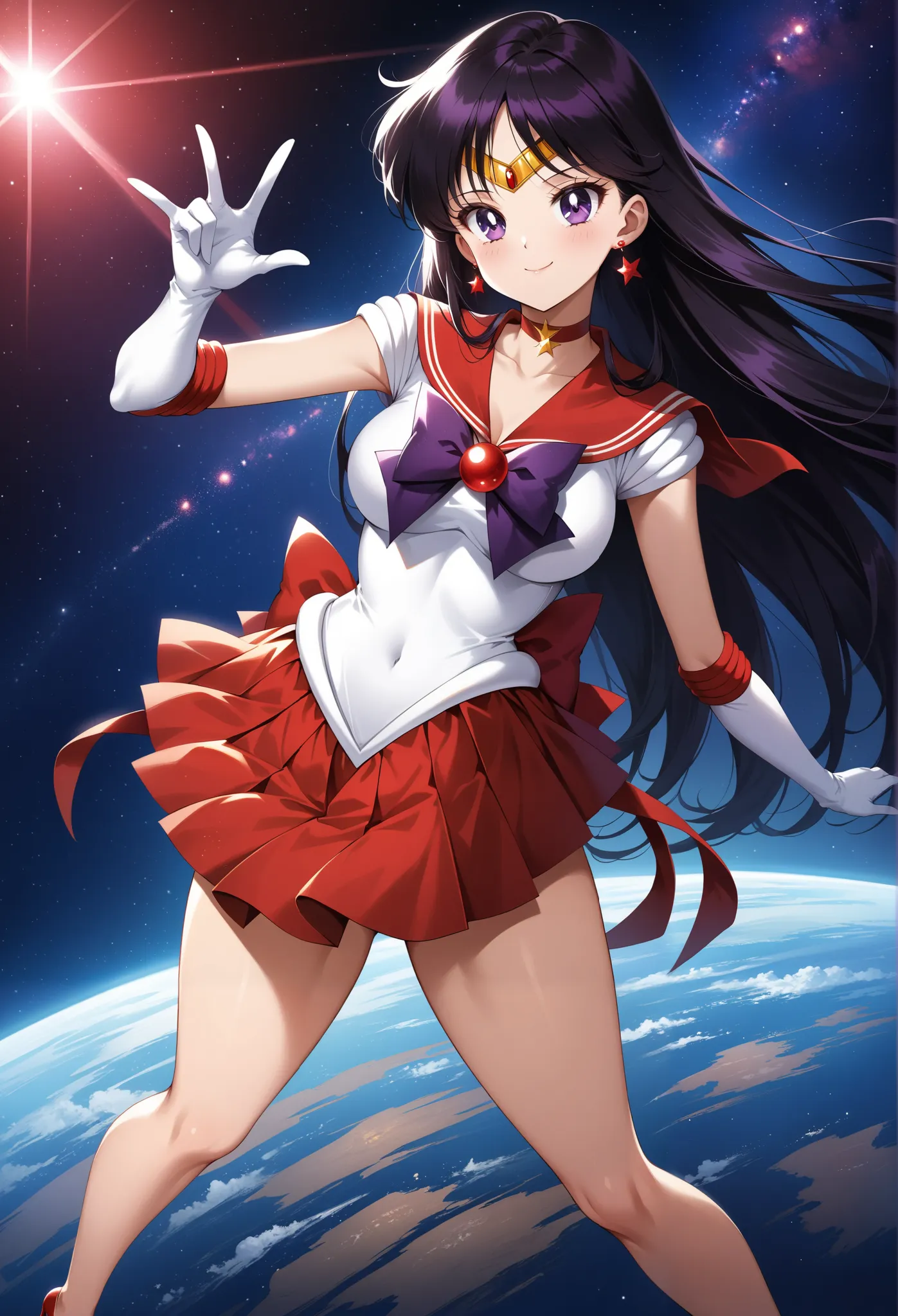 (masterpiece, best quality, very aesthetic, ultra detailed), intricate details, 4k, aamars, long hair, black hair, tiara, earrings, red choker, red sailor collar, purple bowtie, white shirt, elbow gloves, white gloves, pleated skirt, red skirt, bare legs, ...