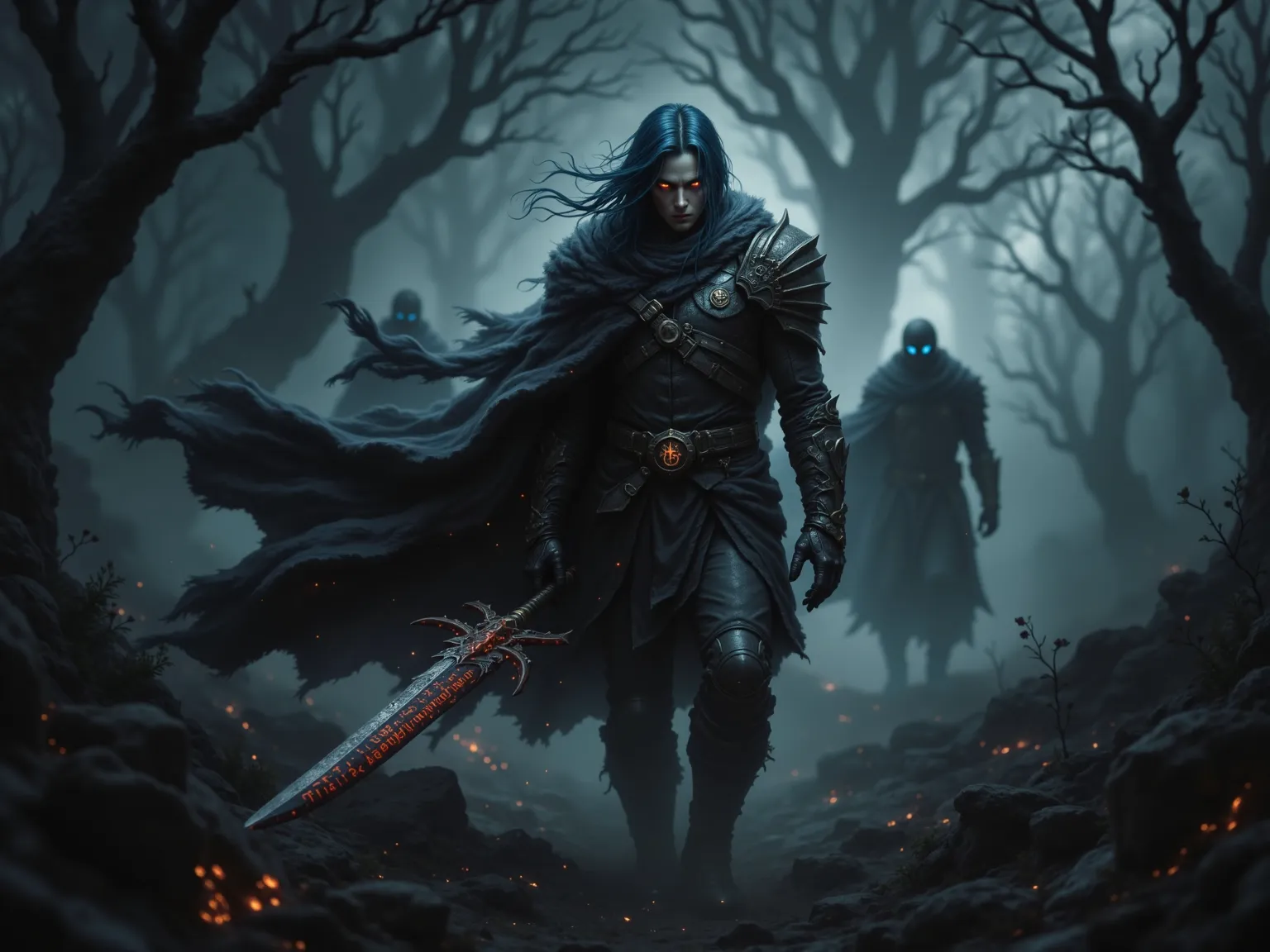 He moves silently through an otherworldly landscape, shrouded in a thick, black mist that swirls and twists around them. Their dusky blue hair glows faintly in the dim light, partially tied back, with loose strands cascading over their shoulders. Crimson e...