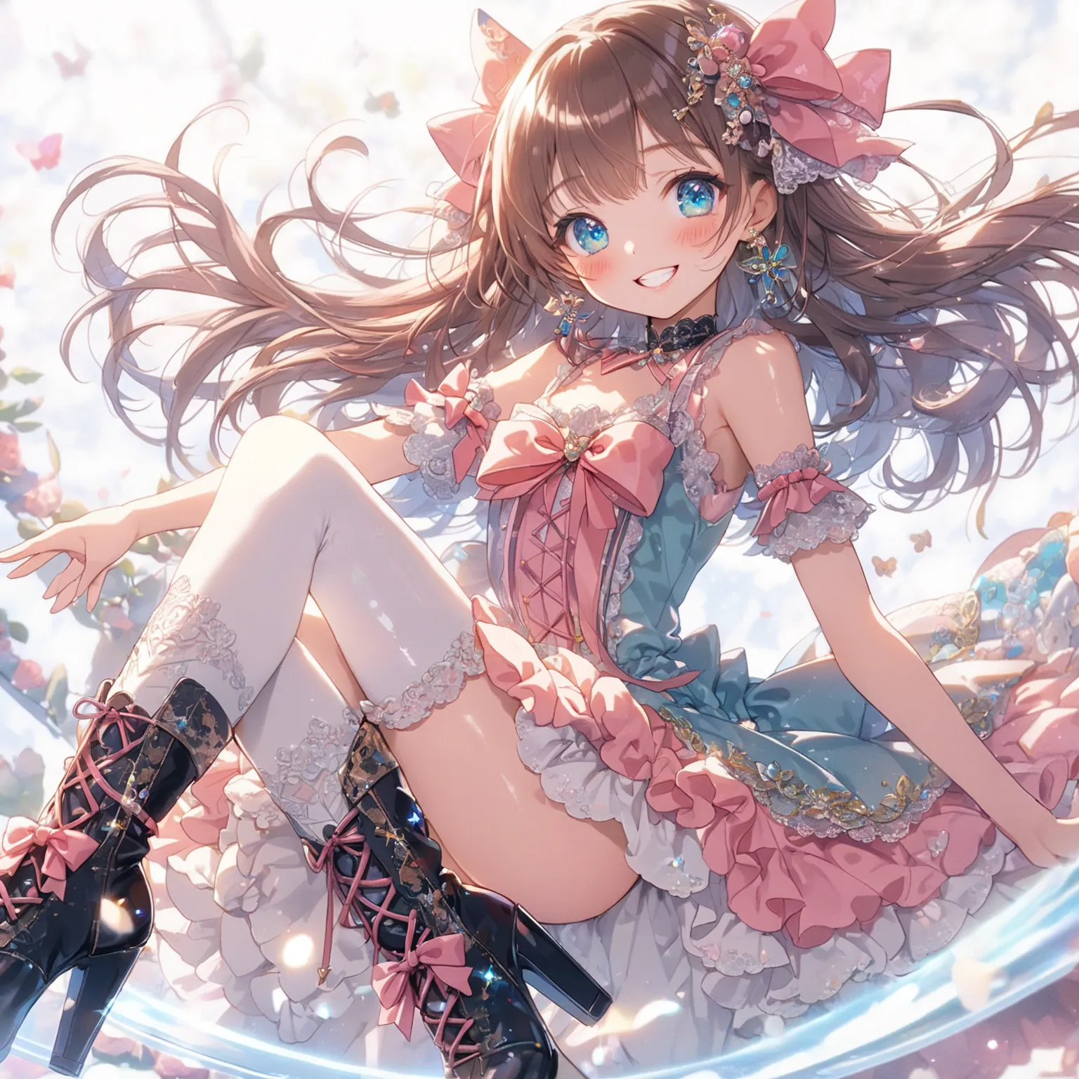 Beautiful facial features, Exquisite makeup, Exquisite eyes,detailed,(kindness:1.3),(soft focus:1.4),kawaii,bright,blush,shiny,looking at viewer,smile,teeth,ribon,boots