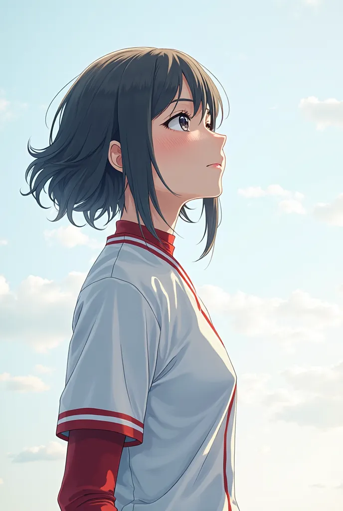 high quality、、White jersey with long sleeve top and bottom、anime illustration、high school girl、baseball club female manager、White jersey with long sleeve top and bottom、white jersey with red lines、Oblique obliquely facing body、looks up at the sky as if pra...