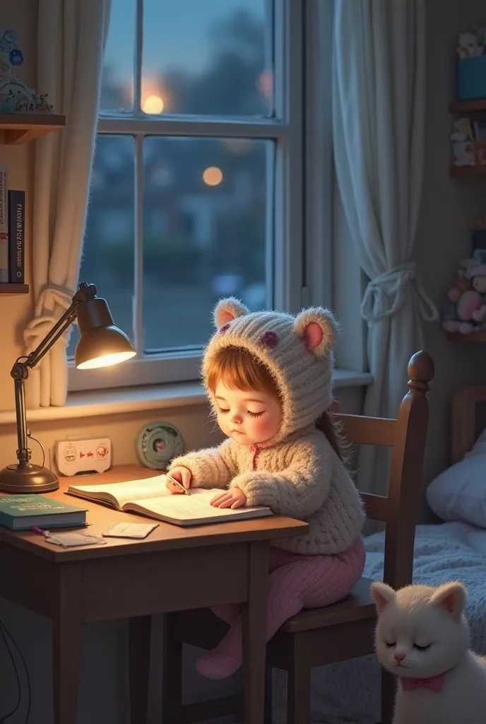 A heartwarming nighttime scene in a cozy ren’s bedroom. A young girl, around 7 or , has fallen asleep at her small wooden desk while doing her homework. She rests her head on an open notebook, her tiny hand still holding a pencil. The desk is slightly mess...