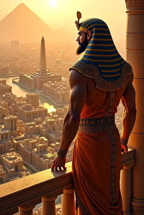 Un pharaon sur son balcon entrain d'admirer sa cité, muscler et avec une barbe 