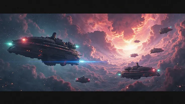 A wide sci-fi banner showing a fleet of human spaceships facing a menacing alien armada under a vibrant nebula sky, bold text 'HFY Tales Begin Here' in futuristic font, 2560x1440 pixels, cinematic lighting, 4k resolution