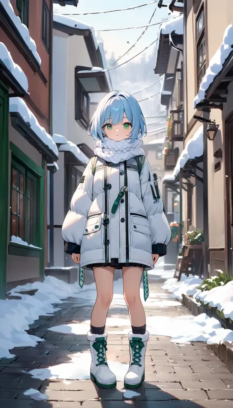 Best Quality、light blue hair、short bob、Deep green eyes、SMALLE BREASTS,Age 25,white down jacket、white yarn scarf、 white boots、standing、winter