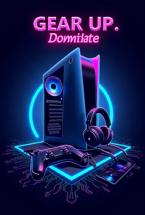 A futuristic gaming poster showcasing a gaming PC, PS5, headphones, and a gaming phone on a dark neon background with glowing accents and circuit board patterns. The text says 'Gear Up. Dominate. Repeat.' Use neon blue, purple, and black colors