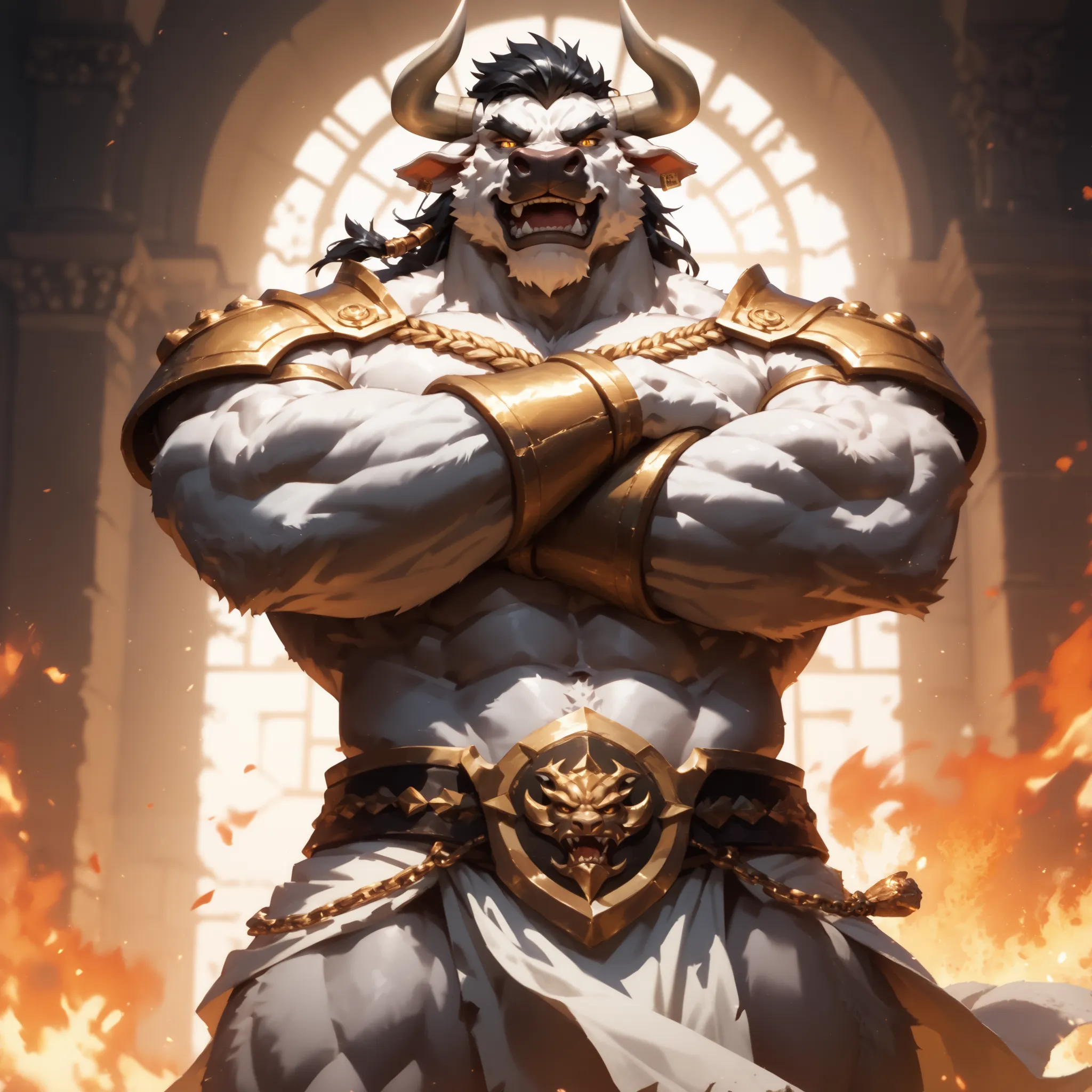 ((Oil painting style, Masterpiece)) realistic minotaur, male, glossy skin, bullhead, soft stomach, wearing a sheer loin cloth, casual pose, white fur, black hair, gold colored eyes, grim expression, square jaw, crossed arms, inside a labyrinth, fire brazie...