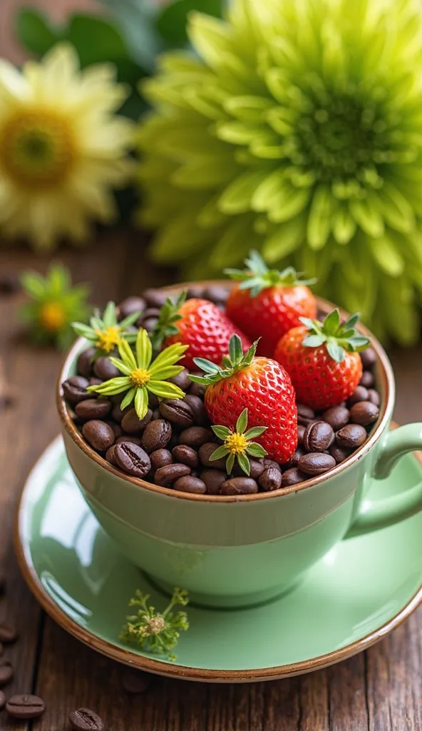 This picture shows a coffee bowl decorated with strawberries and green and yellow flowers. The coffee bowl is light green and has a brown border. On the back there are large green flowers and other flowers that are in the background. This picture is intere...