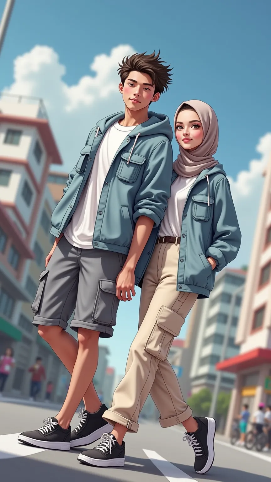 A handsome Indonesian young man with white skin and short black hair, a little teasing, white t-shirt blue hoodie jacket extra long flash size and short sleeve cargo shorts 3/4 cream colors, black and white sports shoes, wearing windblown, he is standing w...