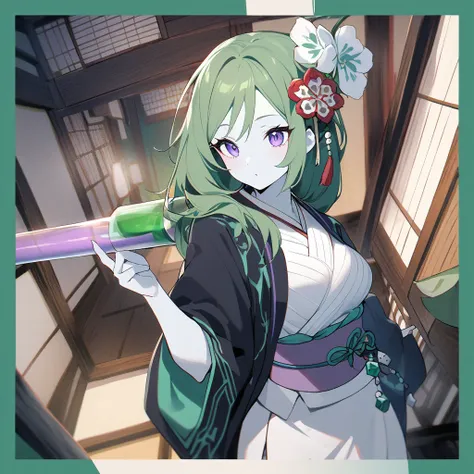 1 woman　 white skin、 green hair、A hair ornament that looks like a flower mair　Monocular with a green border on the left　White sarashi 　Purple Haori　3 dice to the left　is holding a long smoke tube in her right hand　standing up picture　angled 45 degrees to t...