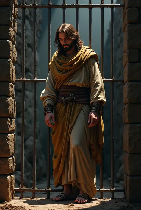 Ultra-realistic cartoon of Jesus in prison at that time 