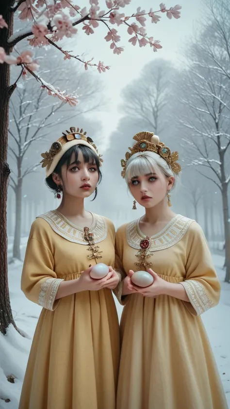 winter，Under the cherry tree，ancient women，delicate little face egg ， bright eyes ，bangs, Front ear hair , Open your lips lightly,  headgear ， wearing a light yellow silk flowing fairy dress，