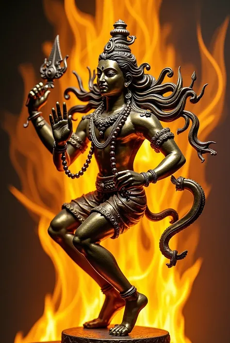  A dynamic , gold-plated bronze figure of Shiva Nataraja, The, dances in a flaming aura with artfully crafted arms and facial features. Shiva with a rosary, surrounded by spiritual energy, with raised finger , as if he were conjuring an invisible force. Pr...