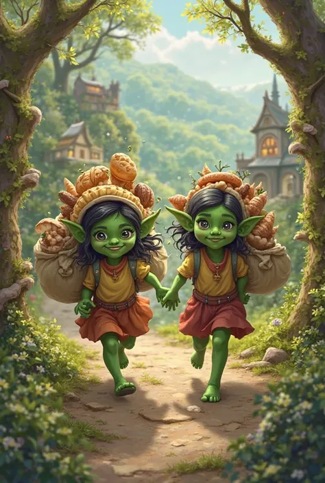 Make a picture of two little cute girl trolls running with bags of food bread meat sausages and etc looking mischievous, style it as in fairytale book