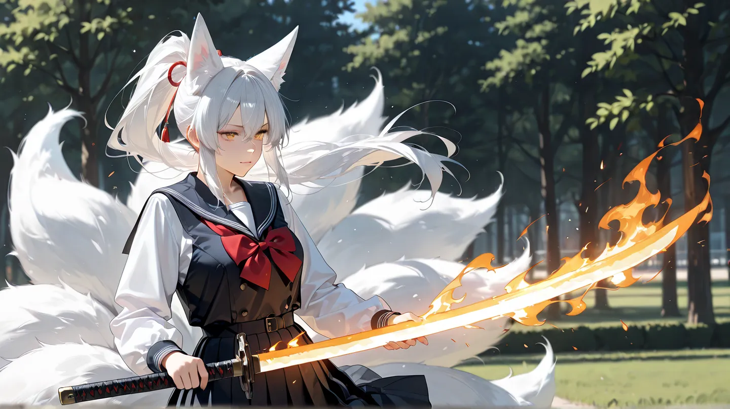 score_9, score_8_up, score_7_up, score_6_up, score_5_up, (masterpiece, best quality), ultra detailed, photorealistic, masterpiece, best quality, high resolution, 1girl, medium breast, clothed school uniform, black long ponytail, flaming japanese sword, mot...