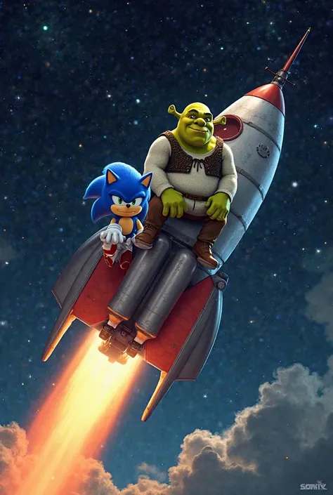 Shrek and sonic riding a rocket