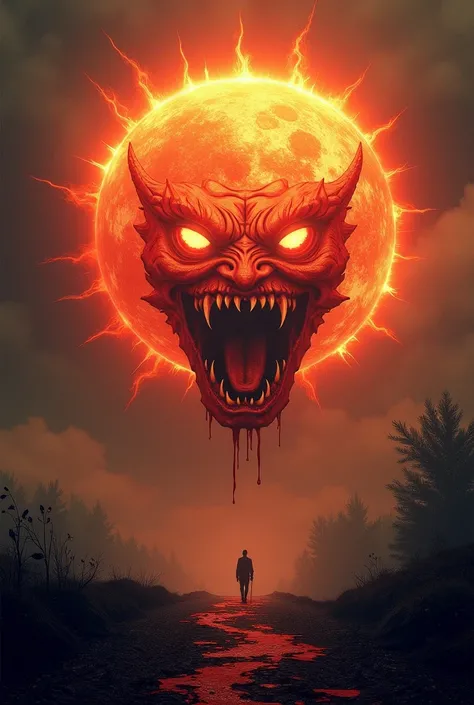 horror sun.May his eyes and mouth be bloodshot, and his teeth be like those of a monster.