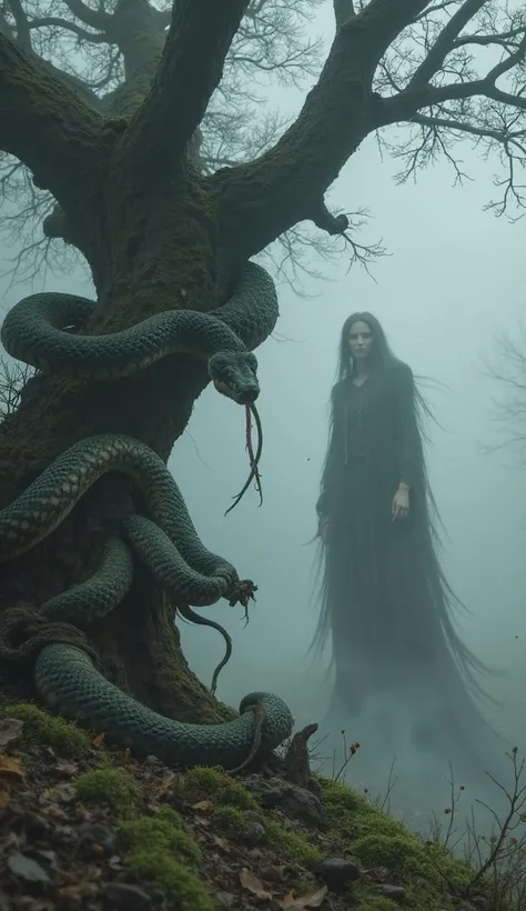 A python coils around the branches of a gnarled, ancient tree, its tongue flicking in the air. Just beyond the mist, a spectral banshee hovers, her flowing form blending into the fog as she watches the serpent with mournful eyes.