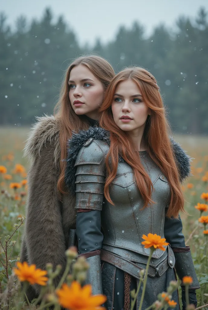 2 Viking warrior girls looking into distance,1 brunette and 1 red hair,fur coat,snowing,medieval armour,Walking through field of flowers,heavy snow,Natalie dormer, Ethereal,Portrait,Closeup, portrait,girl posing,Closeup candid photo,Hailee steinfeld  and M...