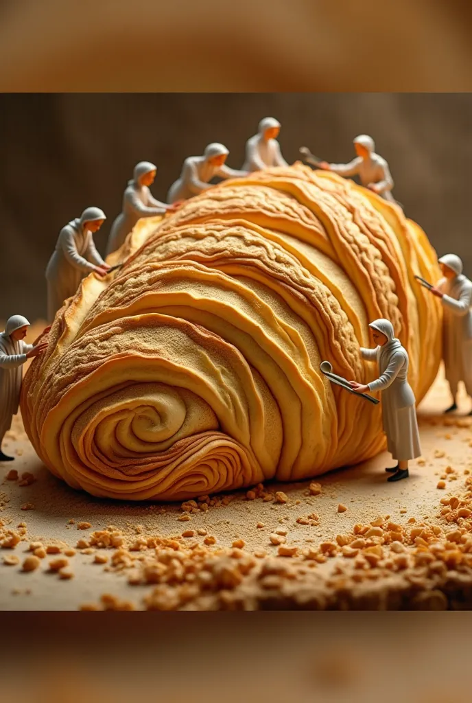 A hyper-realistic macro photograph of an enormous, handcrafted pastry with a beautifully textured surface. The pastry has a distinct crescent-like shape, with a golden, slightly glossy dough that appears both soft and delicate. The surface is covered in me...