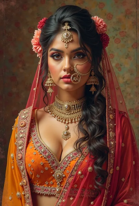 Create a portrait of a bold and confident Hansika motwani with a curvy figure, ,in indian traditional wedding lehanga and choli, nose rings nathani in nose,  othani on her head as a bride, piercing nose and wearing beautiful nose rings, garland in her hair