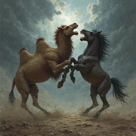 Camel vs horse horror image both are angry 
