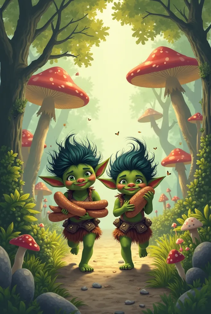 Make a picture of two little cute girl trolls running with bags of food: like meat sausages and etc looking mischievous like they stole it, style it as in fairytale book