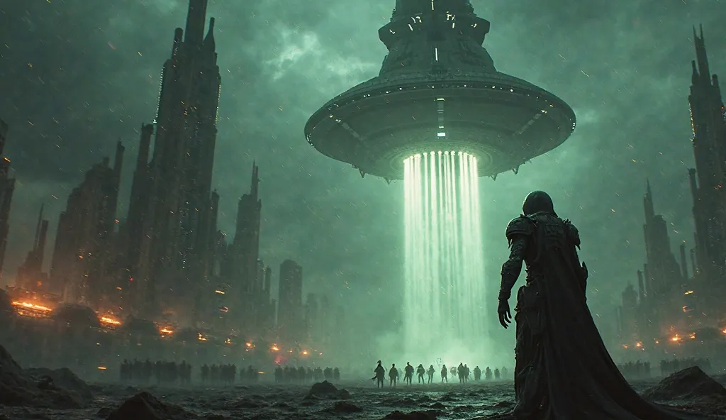 "A dark, cinematic sci-fi scene featuring a massive, ominous alien monolith descending from the sky, radiating eerie glowing symbols. In the foreground, a fierce Yv’Nari warlord—an armored, reptilian alien warrior—stands defiantly, gripping a futuristic we...