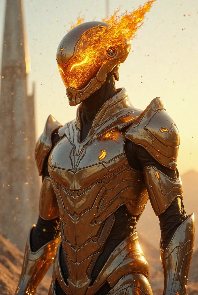 : A futuristic armor that absorbs light, composed of an extraterrestrial alloy that allows him to channel his energy. His helmet has a golden visor in the shape of a solar flame.