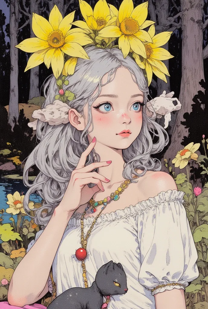   figure (), silver hair( long wave hair),  pure expression, round face, Sparkling blue eyes,   design （  white ruffle dress, I have yellow daffodils on my head) , Mysterious , (cat and rabbit ) , Arrange line drawings on a vector layer to change the thick...