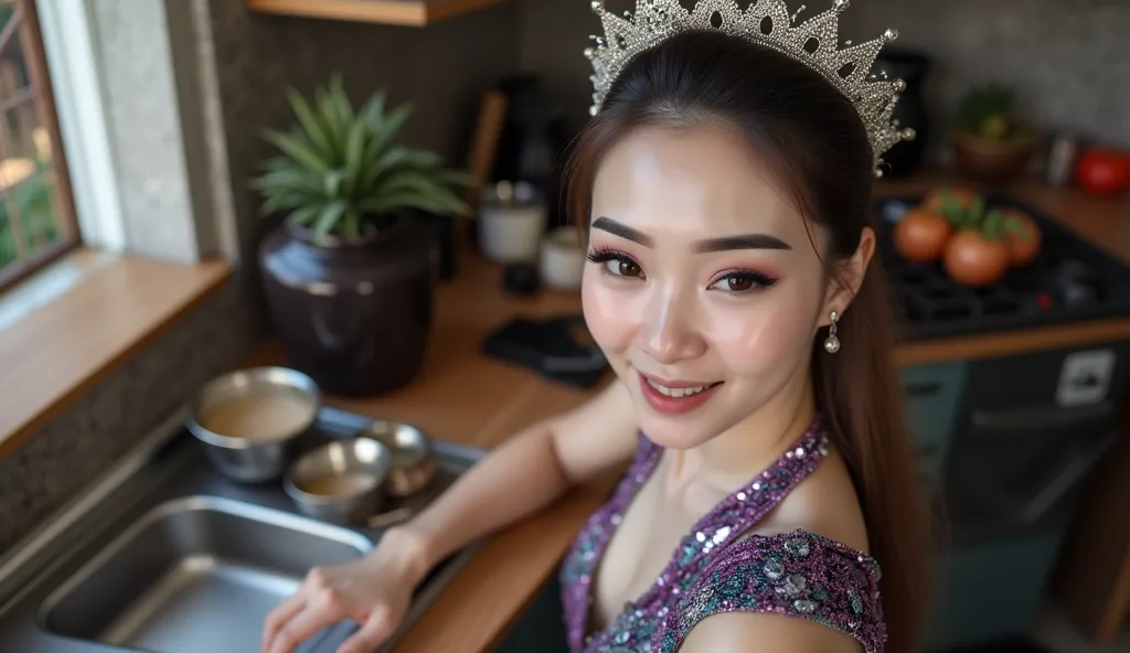 shot from high top above angle kitchen room, photo of a beautiful Indonesian female model whose face is made up become miss queen style, photoshoot scene attractive movement cooking in the kitchen, wearing a glossy dark purple-cyan-silver floral-pattern se...