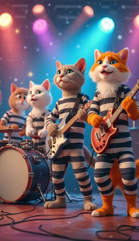 Five realistic cats are on a television stage, Mamonas Assassinas-style animated rock show. Each cat has a color and is playing a specific role in the band:

A white cat is sitting behind a battery, playing with energy.

A beige cat with stripes is playing...