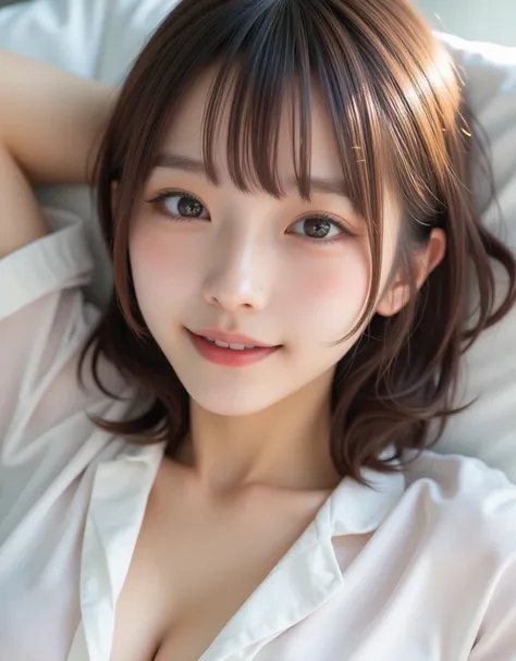 Face :9,3157126699], A realistic high school girl wearing an extremely thin white shirt lying on a bed, Wearing small panties、Shirts and panties, (Ultra-realistic pantyhose:1.3), Japanese Ido、Popular idol、Laughter、RAW Photos, (In 8K、Highest quality、masterp...