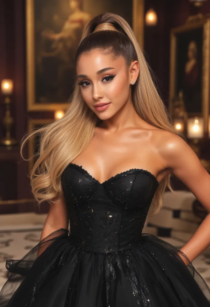 Ariana Grande, solo, long hair, evening dress, bare shoulders, absurdres, very aesthetic, best quality, masterpiece, perfect face, perfect anatomy, smile, house scenery. 