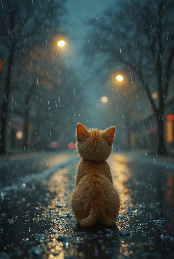 
"A heart-wrenching scene of a small, yellow-furred cat standing frozen on a rainy city street at night. Blurred headlights pierce through the downpour as the cat watches, wide-eyed, as a speeding car strikes his father. The impact echoes through the empty...