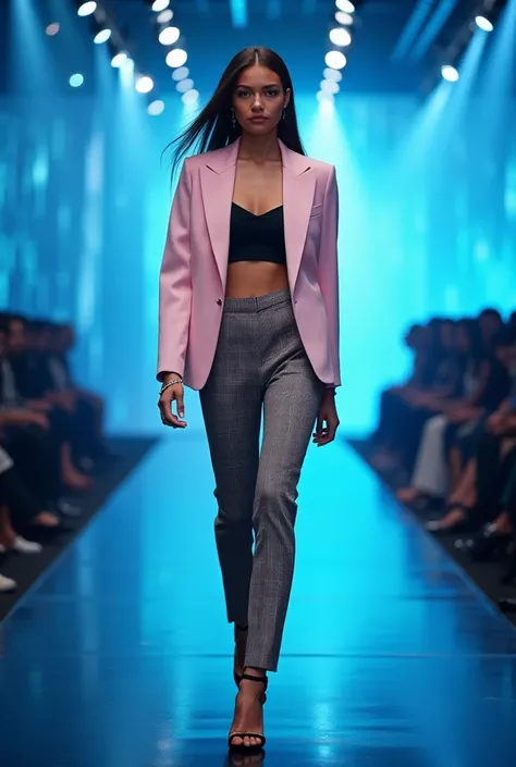 A high-fashion runway show set in an ethereal ambiance of soft blue and silver lighting. A poised model strides down the sleek black runway, her straight hair flowing elegantly. She wears a tailored pastel pink blazer with structured shoulders, paired with...