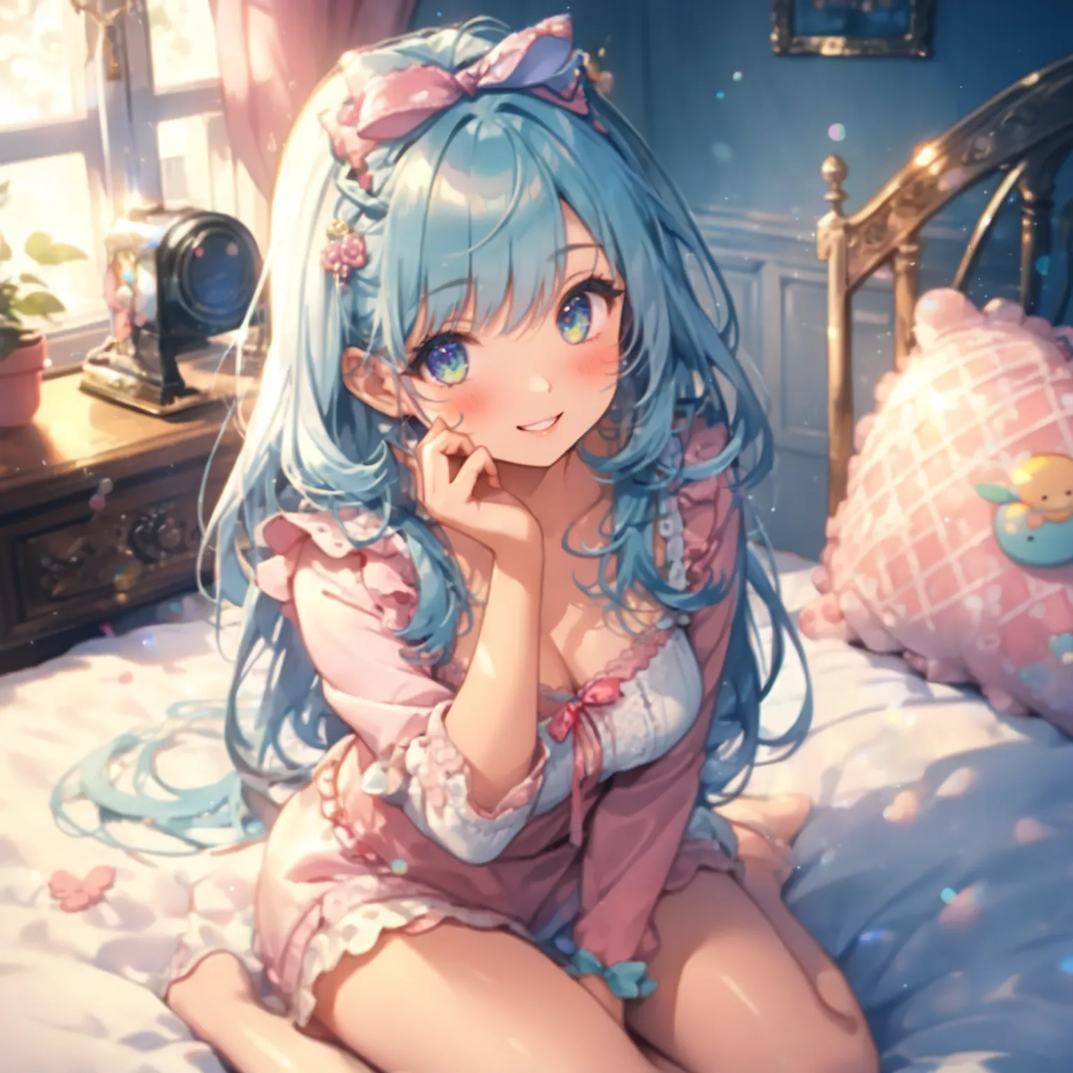 Beautiful facial features, Exquisite makeup, Exquisite eyes,detailed,(kindness:1.3),(soft focus:1.4),kawaii,bright,blush,shiny,looking at viewer,smile,teeth,ribon