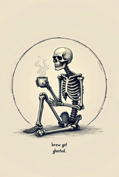 Generate an image of skeleton drinking coffee. Put it in circle frame and add the caption "Brew got Ghosted". Take note one skeleton only 