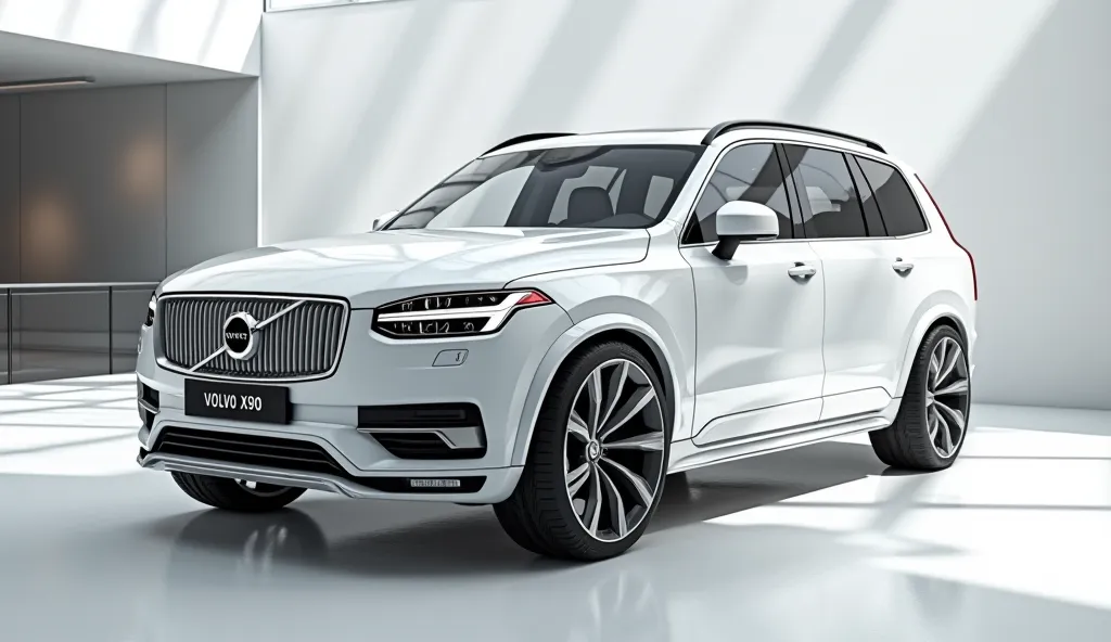 create an ultra-detailed 3D render (left Front, )of a modern( 2025 VOLVO XC90 SUV)with a bold designy looking long like limousine captured from (left front view.) The car should feature a 'Gleamy oily (White)' color and White accents with a ' ( 2025 VOLVO ...