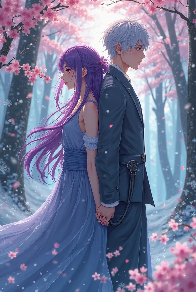 Two seasons in one photo, a purple haired woman in the middle of spring and a silver haired man in the middle of winter, anime, stylish clothing, forest, fantasy, back to back, holding hands