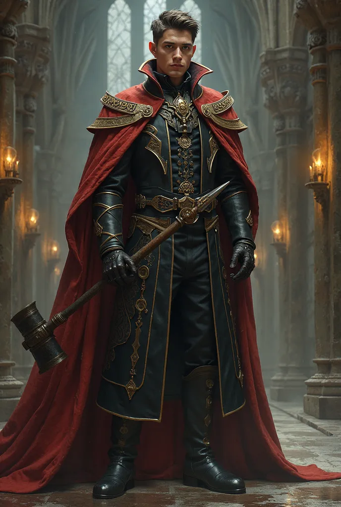 Young elegant man, inquisitor, dostojny, z widoczną głową, beautiful coat, firearm,  warhammer 40k