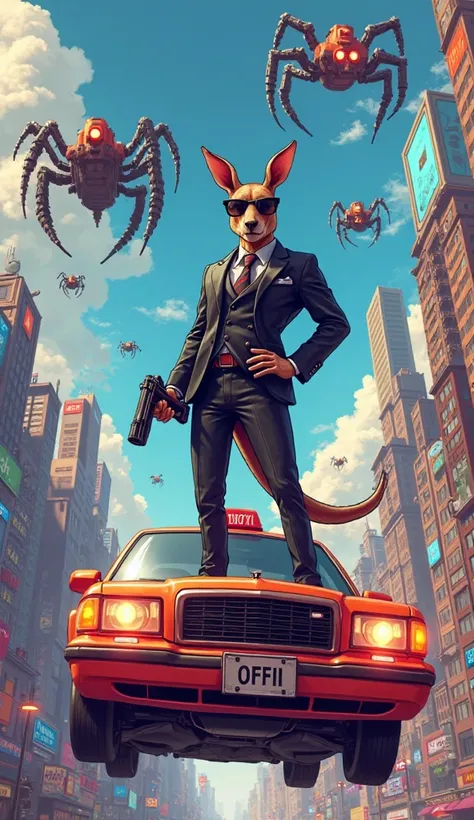 "A dynamic, cartoon-style illustration of Roberto’s bright red taxi hovering above the breathtaking floating city. Standing confidently on the hood is a tough-looking kangaroo dressed in a sleek black suit and dark sunglasses, gripping a futuristic laser p...